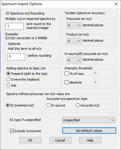 The "Spectrum Import Options" window